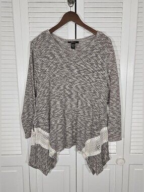 Style & Co Marled Handkerchief Hem Long Sleeve Asymmetrical Crochet Lace Sweater